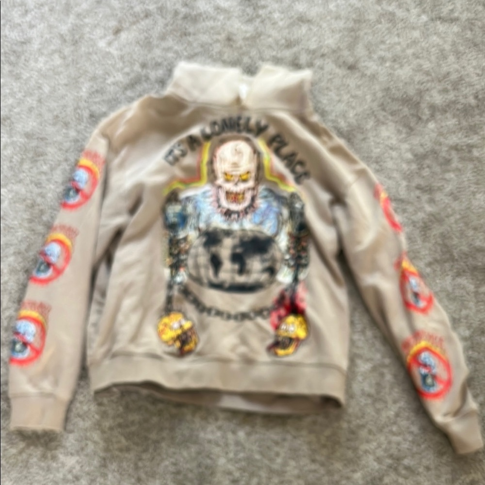 It’s a lonely place Beige Graphic Hoodie with Colorful Patches